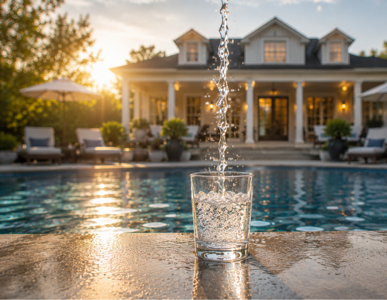 Water pouring into a glass on a poolside ledge in front of a beautiful New Jersey home at sunset